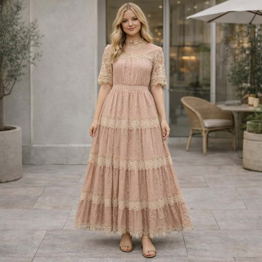 Listicle Mauve Gold Polka Dot Lace Tiered Maxi Dress Boho Romantic S